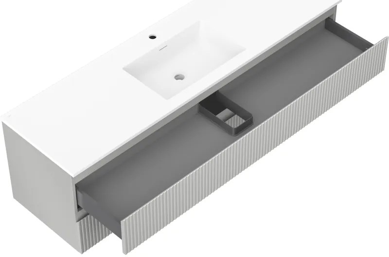 Mexen Rivel, kúpeľňová skrinka 160 cm s umývadlom Otis, 2 zásuvky, drážkovaná, sivá matná/biela, 91A20-16047-2-BFF62-W18M0