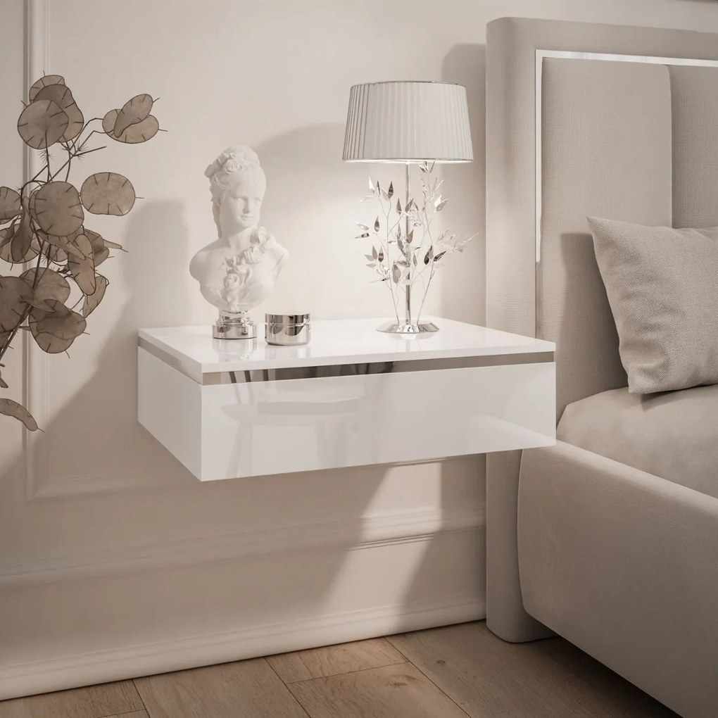 ZÁVESNÝ NOČNÝ STOLÍK NESSIE BIELY LESK + STRIEBORNÝ