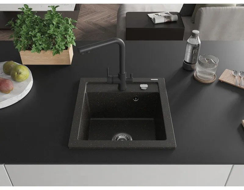 Mexen Vito, 1-komorový granitový drez 520x490x210 mm, čierna matná batéria Duero, čierna - zlatá metalíza, 6503-75-671600-70