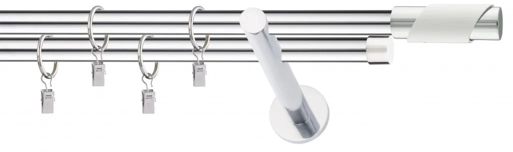 Dekorstudio Chrómová dvojradová garniža biely PARIS 19mm Dĺžka: 480cm, Typ uchytenia: Držiak dvojitý modern, Typ príslušenstva: Krúžky tiché so štipcami