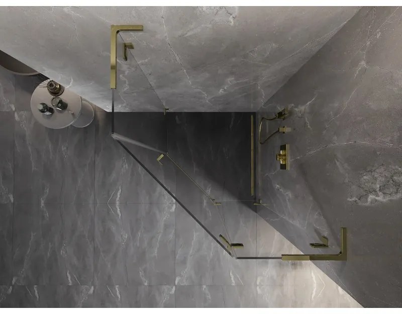 Mexen Lunar, L pravý výklopný päťuholníkový sprchový kút 80 x 80 cm, 8mm číre sklo, zlatý profil, 831L-080P-080L-50-00-P