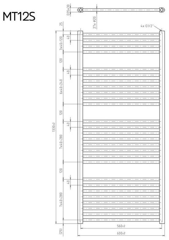 Mereo, Vykurovací rebrík 600x1330 mm, rovný, biely, stredové pripojenie, MER-MT12S