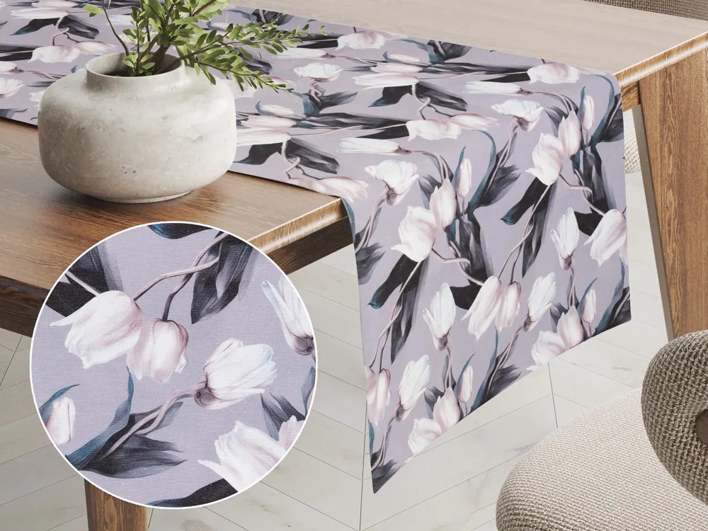 Biante Dekoračný behúň na stôl PML-034 Biele tulipány na sivom 20x180 cm