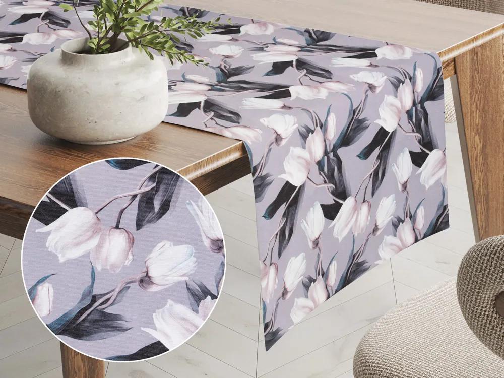 Biante Dekoračný behúň na stôl PML-034 Biele tulipány na sivom 35x120 cm