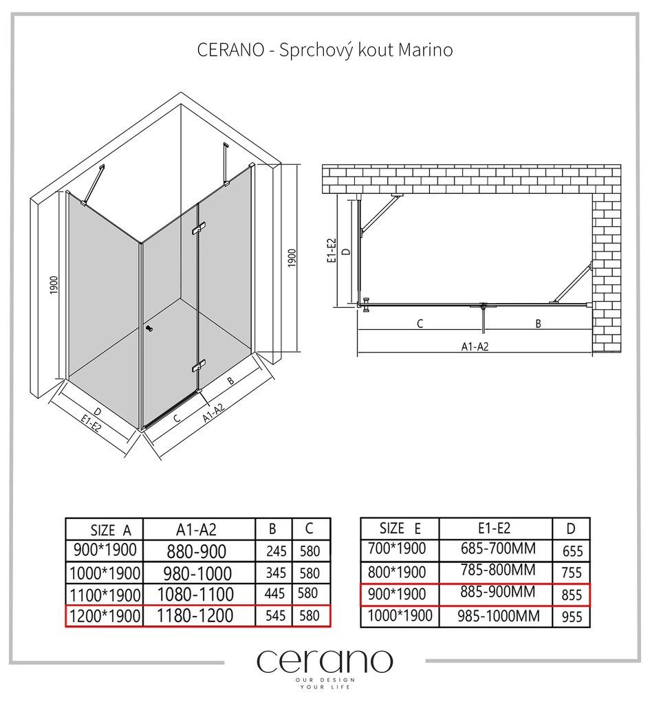 Cerano Marino, sprchovací kút 120(dvere) x 90(stena) x 190 cm, 6mm číre sklo, chrómový profil, CER-CER-422838