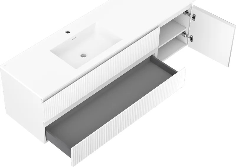 Mexen Rivel, kúpeľňová skrinka 160 cm s ľavým umývadlom Otis, 2S, 1D, drážkovaná, biela matná, 91A23-16047-3-BBFFF01-W18L01