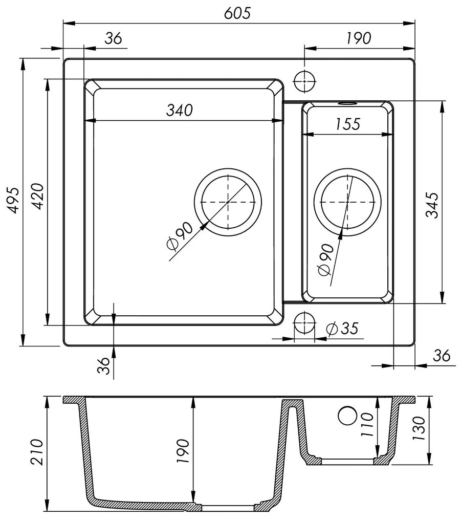 Sink Quality Ferrum, kuchynský granitový drez 605x495x210 mm + čierny sifón, čierna škvrnitá-BROCADE, SKQ-FER.B.5KBO.XB