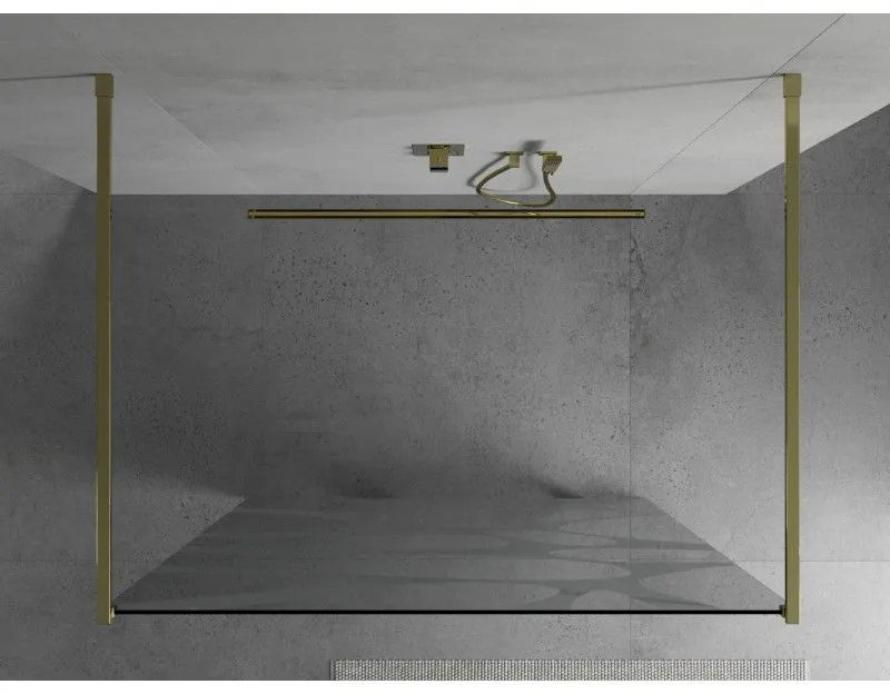 Mexen Kioto, priechodná sprchová zástena 110 x 200 cm, 8mm sklo číre/biely vzor, 2x zlatá stabilizačná rozpera, 800-110-002-50-97