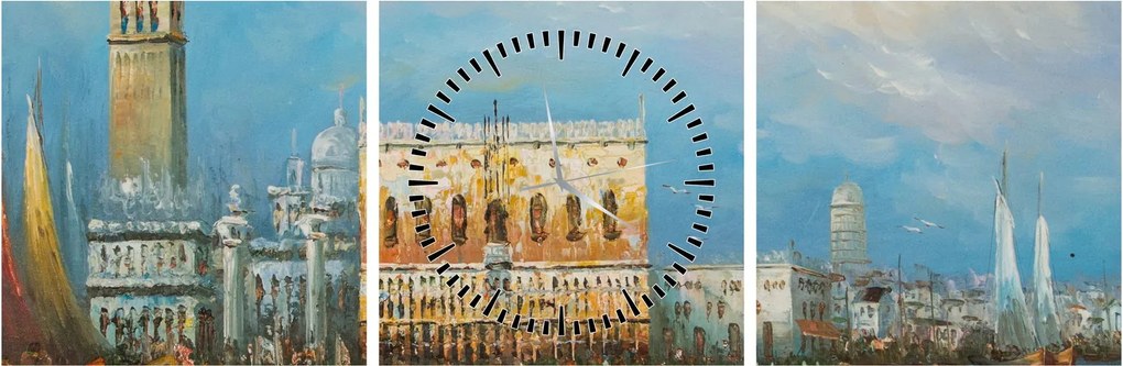 Obraz - Gondola prechádzajúca Benátkami, olejomaľba (s hodinami) (90x30 cm)