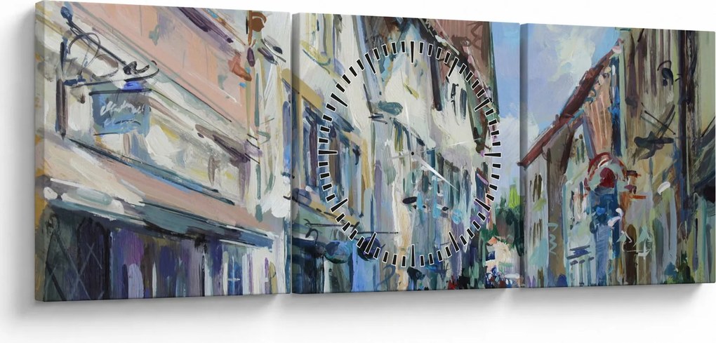 Obraz - Ulička starého mesta, akrylová maľba (s hodinami) (90x30 cm)