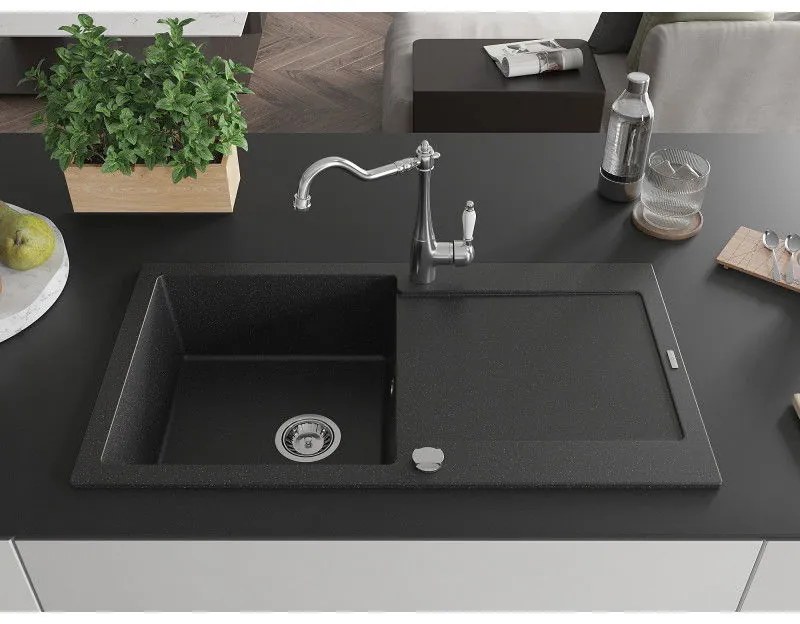 Mexen Leo, granitový drez 900x500x190 mm, 1-komorový a drezová batéria Carla, čierna-strieborná metalíza, 6501-73-670700-00