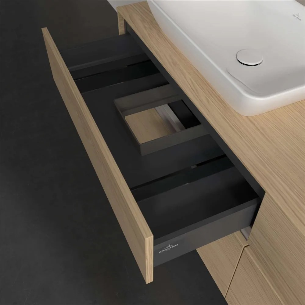 VILLEROY &amp; BOCH Collaro závesná skrinka pod dve umývadlá na dosku, 4 zásuvky, s LED osvetlením, 1600 x 500 x 548 mm, Nordic Oak, C123B0VJ