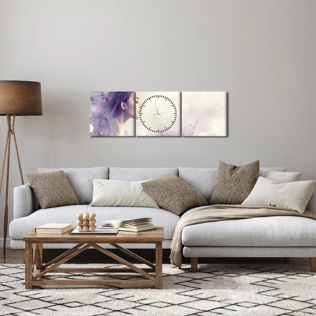 Obraz ženy s levanduľami (s hodinami) (90x30 cm)