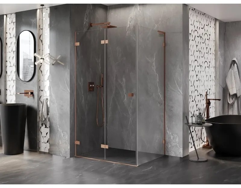 Mexen Lunar-F L, 1-krídlový sprchový kút so skladacími dverami, ľavý, 80 x 70 cm, 8mm číre sklo, medený profil, 836L-080-070-65-00-L