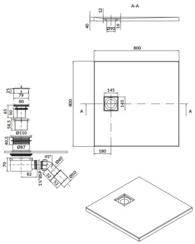 Cersanit Tako Slim, štvorcová akrylátová sprchová vanička 80x80x4 cm + čierny sifón, čierna, S932-165