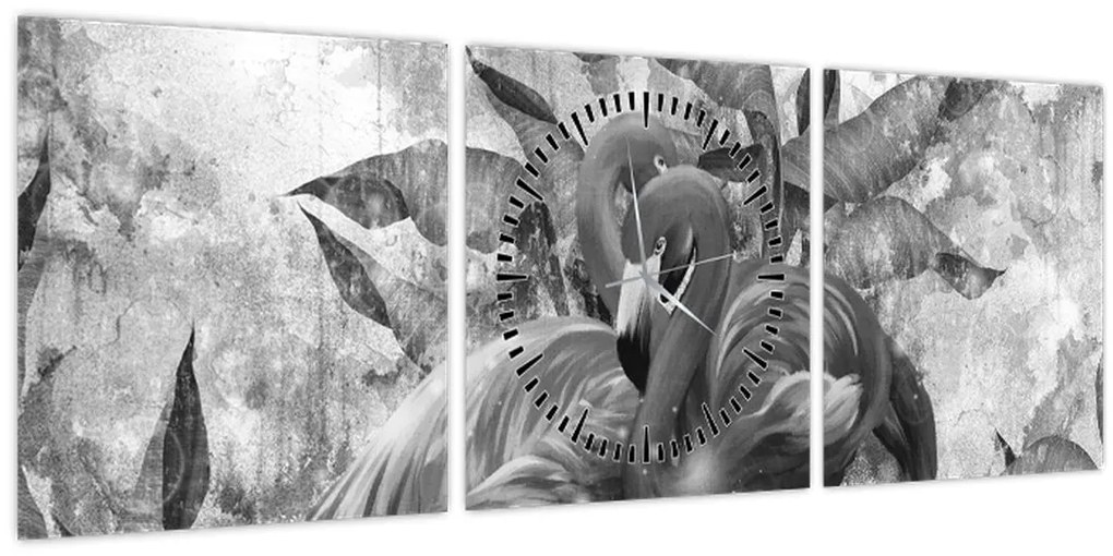 Obraz - Plameniaky graffiti (s hodinami) (90x30 cm)