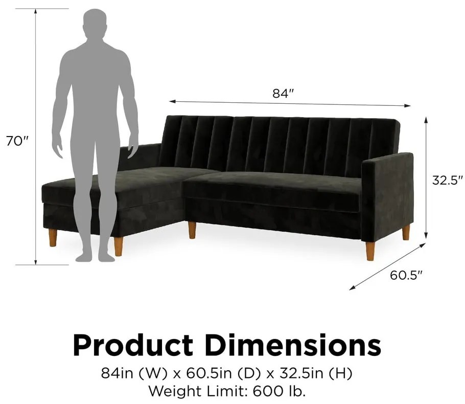 Čierna variabilná rozkladacia rohová pohovka so zamatovým povrchom a úložným priestorom Støraa Celine