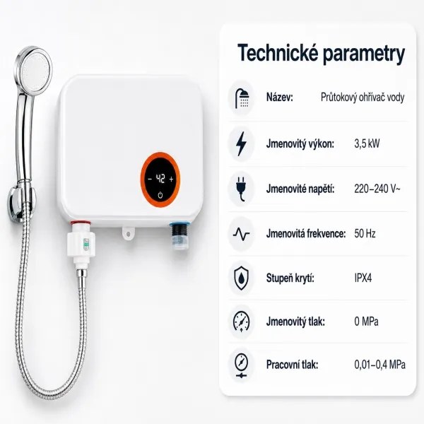 Prietokový ohrievač vody 3500 W so sprchou - biely