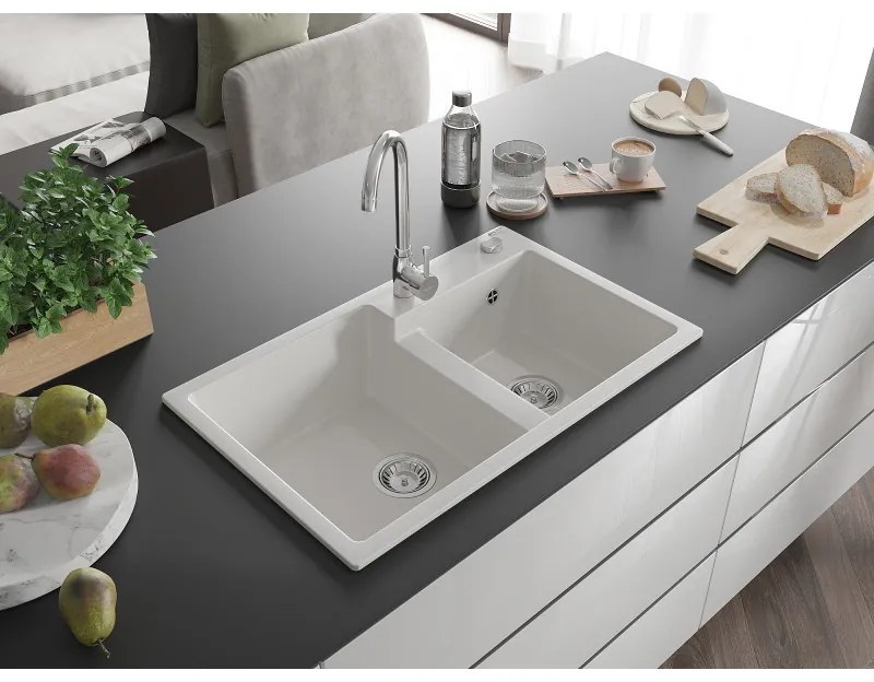 Mexen Tomas, granitový drez 800x500x190 mm, 2-komorový a chrómová batéria Telma, biela, 6516-20-670200-00