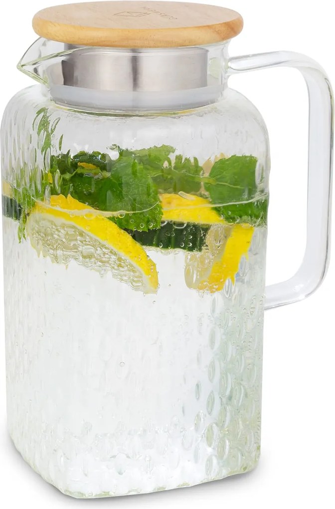 Klarstein Livenza, džbán na vodu, 1,5 l, borosilikátové sklo, sitko z nehrdzavejúcej ocele, vrchnák z dubového dreva