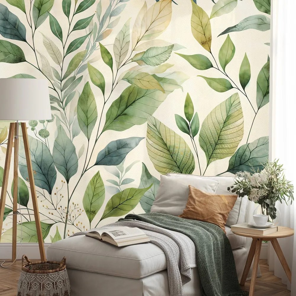 Samolepiaca tapeta zelené akvarelové listy na béžovom pozadí