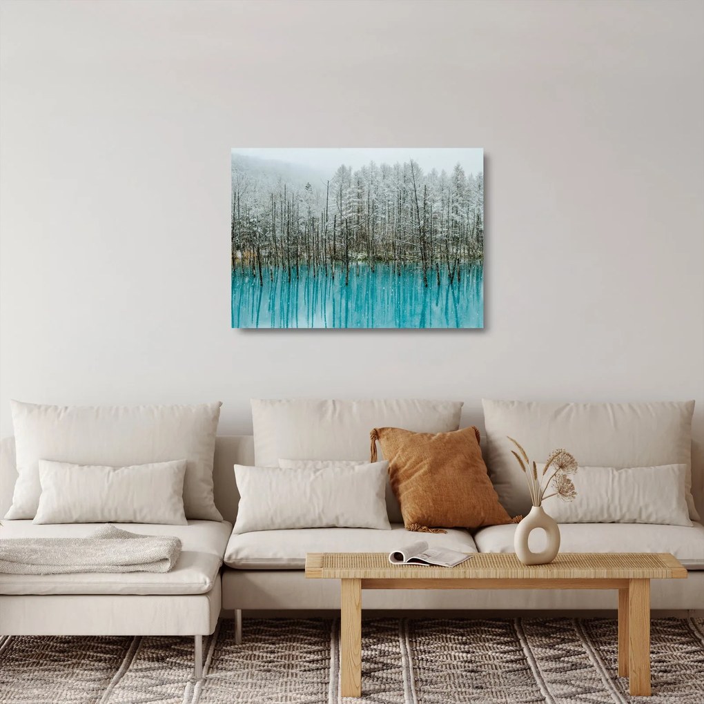 Sklenený obraz - Tyrkysový rybník, Biei, Japonsko (70x50 cm)