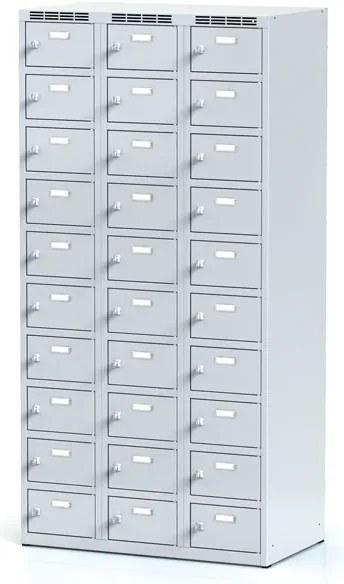 Alfa 3 Šatníková skrinka S6 s úložnými boxami, 30 boxov, 1800 x 900 x 500 mm, otočný zámok, sivé dvere