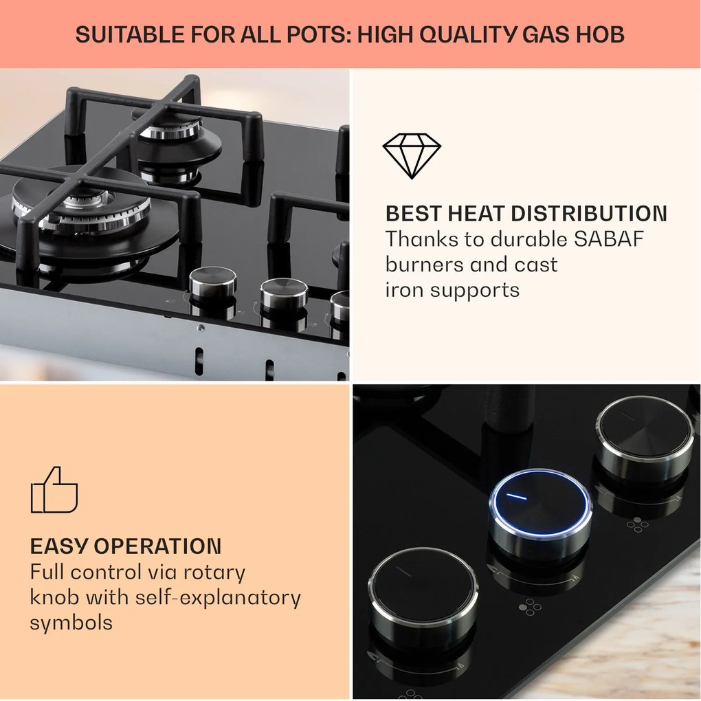 Klarstein Illuminosa 4, plynová varná doska, 4 Sabaf horáky, sklokeramika