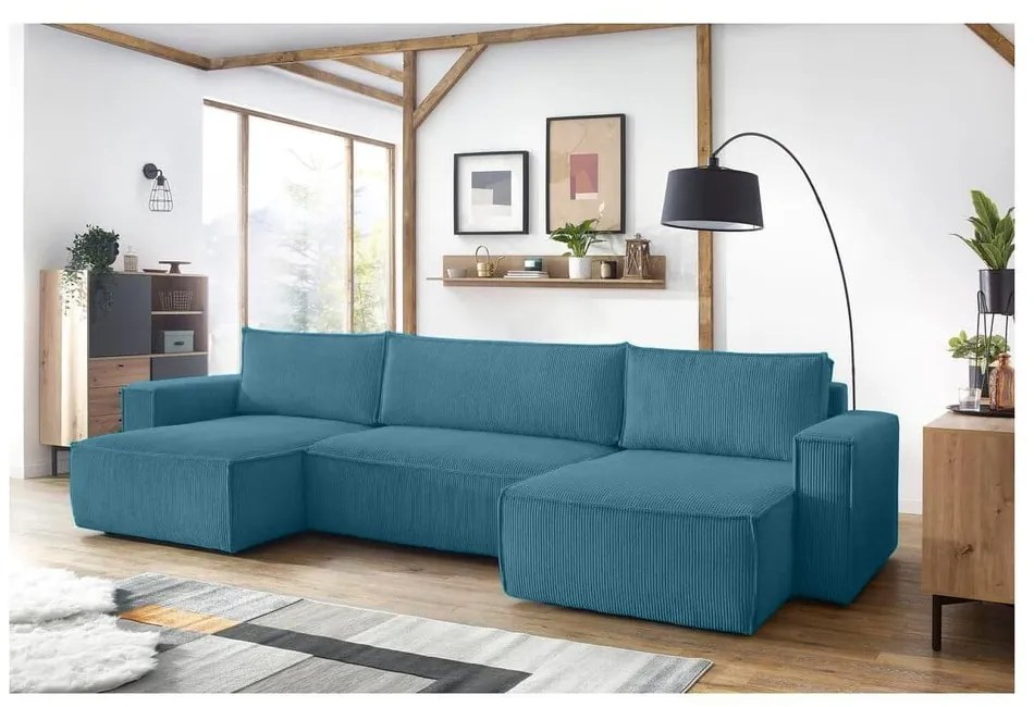 Tyrkysovomodrá menčestrová rozkladacia rohová pohovka Nihad – Bobochic Paris