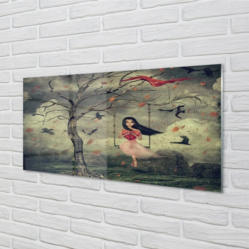 Sklenený obraz Strom vtáky mraky dievča rocková 120x60 cm