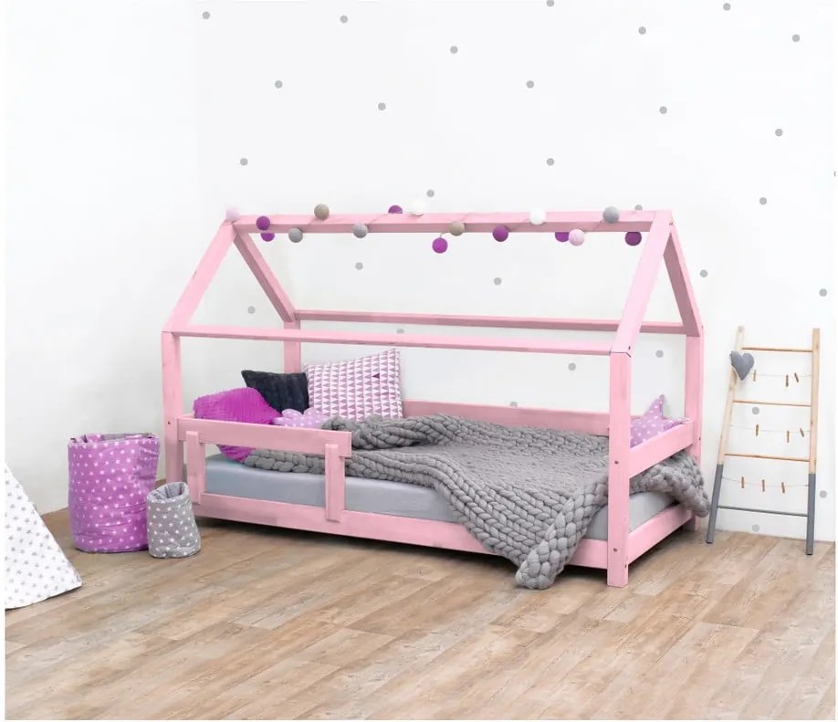 Ružová detská posteľ s bočnicami zo smrekového dreva Benlemi Tery, 90 × 200 cm