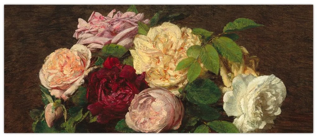 Obraz - Henri Fantin-Latour, Roses de Nice on a Table, reprodukcia (120x50 cm)