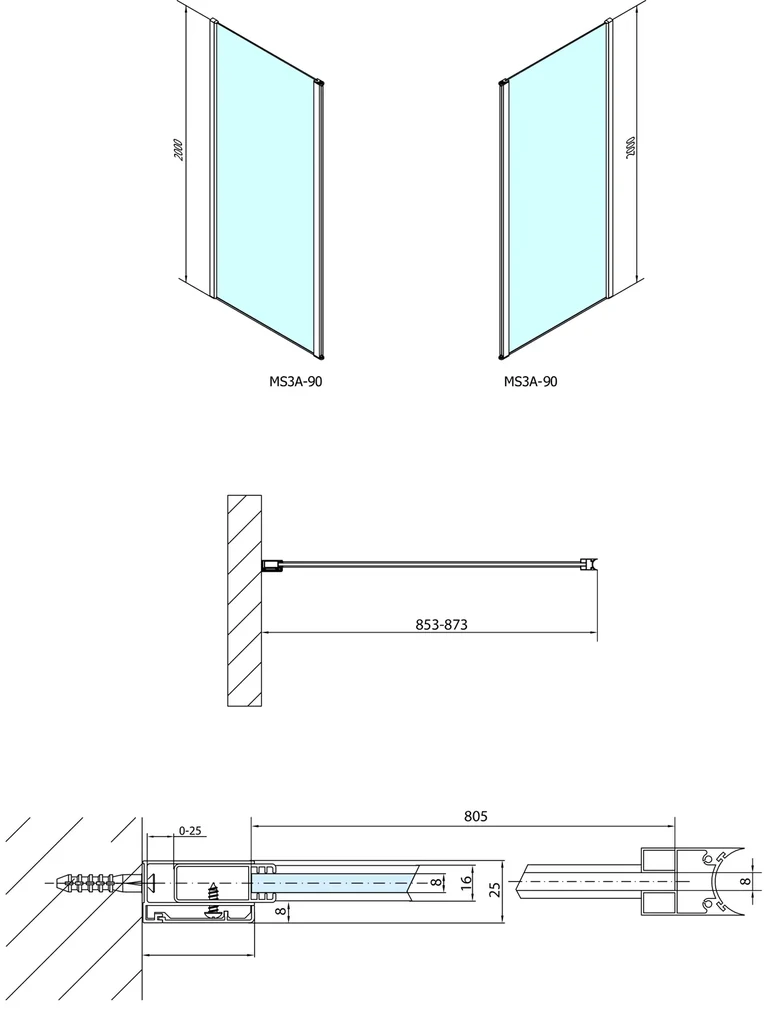 Polysan Polysan, MODULAR SHOWER stena na inštaláciu na múr, pre pripojenie otoč.panelu 900 mm, MS3A-90