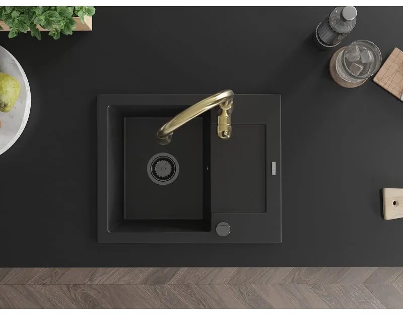 Mexen Enzo, 1-komorový granitový drez 576x465x174 mm a drezová batéria Savita, čierna, 6506-77-672601-50-B