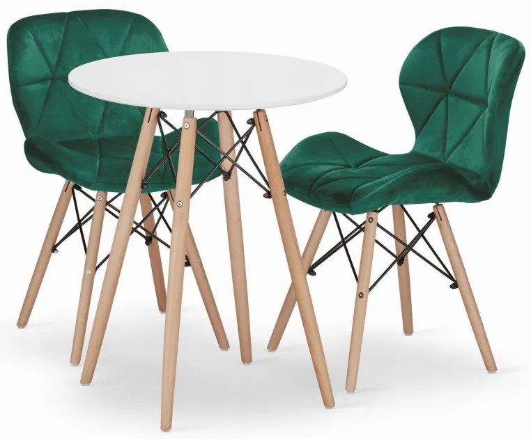 Jedálenská zostava TODI 60cm okrúhly stolový set biely + 2 stoličky LAGO zelené