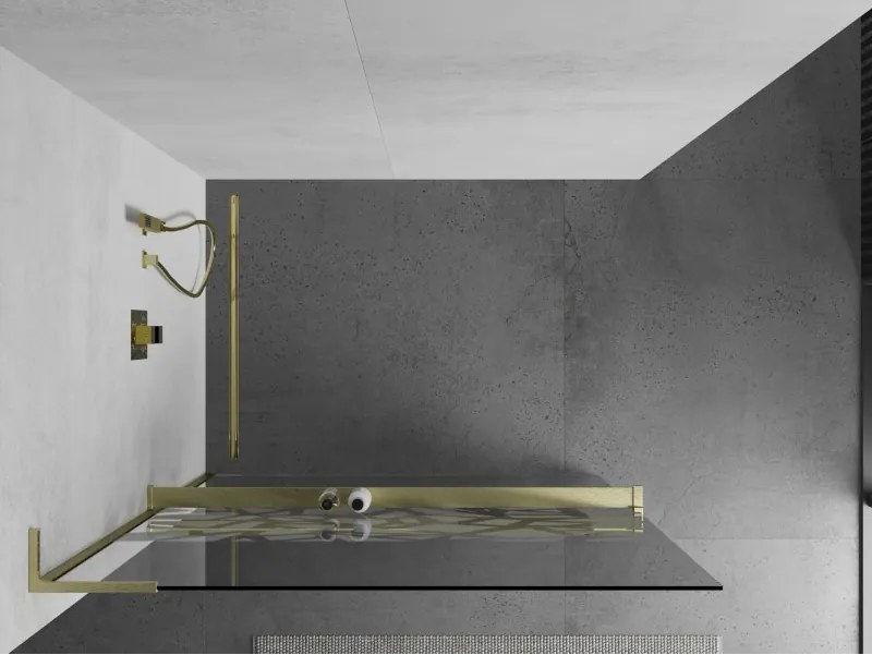 Mexen Kioto+ L, sprchová zástena Walk-In s poličkou a vešiakom 100 x 200 cm, 8mm číre sklo biely vzor, zlatý matný profil, 800-100-123-55-85