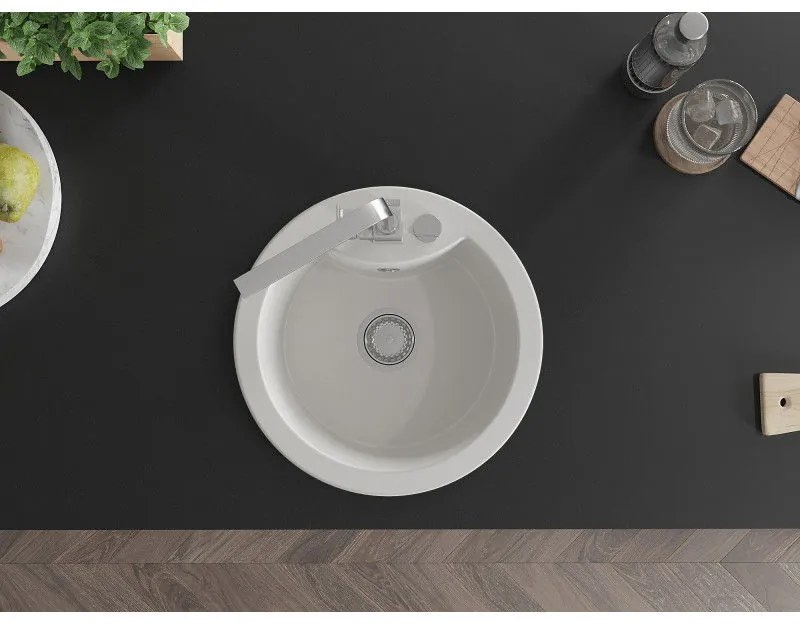 Mexen Diego, 1-komorový granitový drez 488x488x167 mm, chrómový sifón, chrómová batéria Rita, biela, 6512-20-670300-00