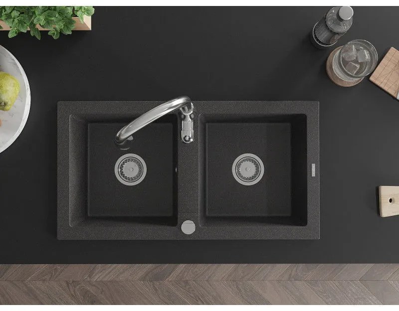 Mexen Mario, 2-komorový granitový drez 820x436x161 mm a drezová batéria Savita, čierna škvrtnitá, 6504-76-672601-00
