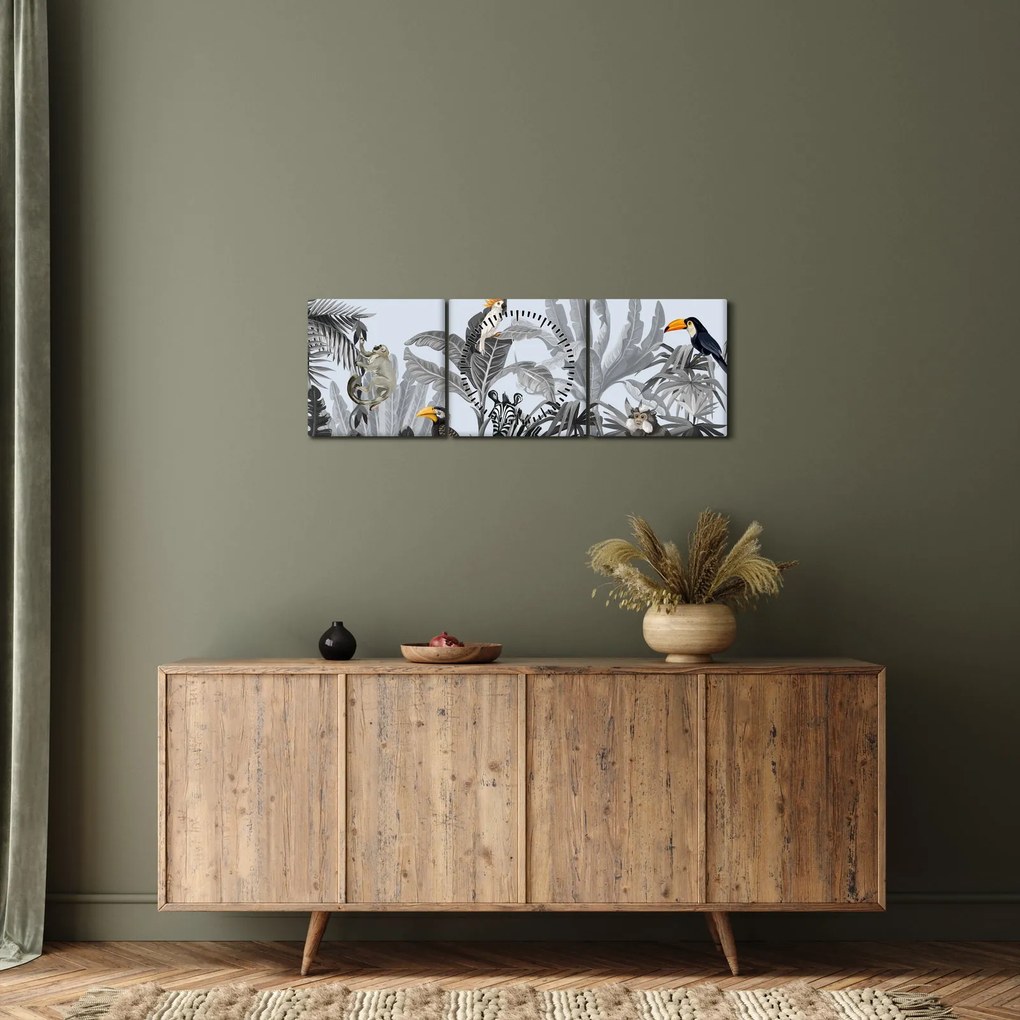 Obraz - Ilustrovaná džungľa (s hodinami) (90x30 cm)