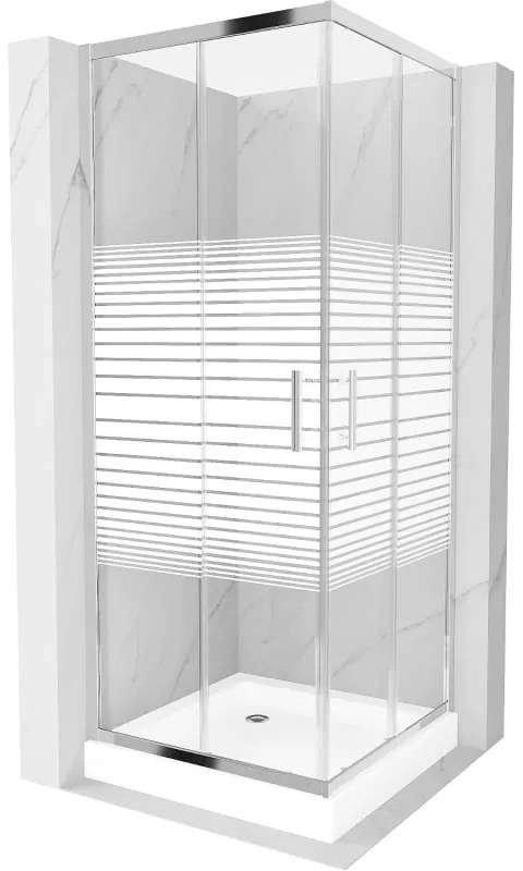 Mexen Rio, štvorcový sprchovací kút s posuvnými dverami 70 x 70 cm, 6mm číre sklo/pásy, chrómový profil + biela vysoká sprchová vanička Rio, 860-070-070-01-20-4510