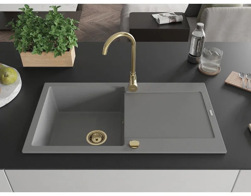 Mexen Leo, drez granitový 900x500x190 mm, 1-komorový, šedá so zlatým sifónom, 6501901010-71-G
