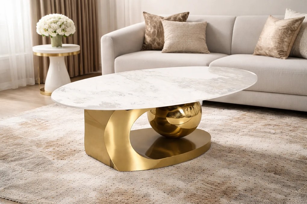 KONFERENČNÝ STOLÍK ESPEN BIELY MRAMOR + ZLATÝ 130 cm