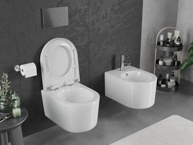 Mexen Sofia, závesná WC misa 490x360x355 mm, Rimless Tornádo + WC sedadlo z duroplastu, biela lesklá, 30540200T