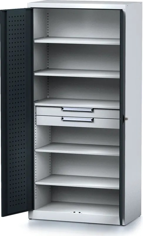 Policová dielenská skriňa 2-dverová MECHANIC, 5 políc, 2 zásuvky, 920 x 500 x 1950 mm, grafitové dvere