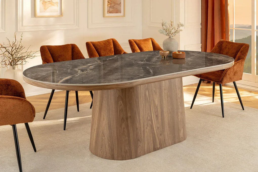 Jedálenský stôl UNIQUE 200 cm oválny rám z orechového dreva s dyhovanou keramickou doskou z sivej mramorovej dosky