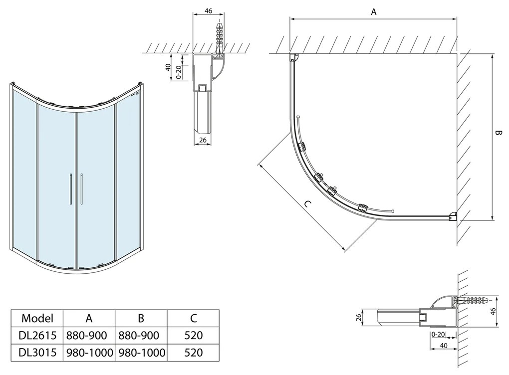 Polysan, LUCIS LINE štvrťkruhová sprchová zástena, 1000x1000mm, R550, číre sklo, DL3015