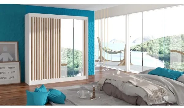 Šatníková skriňa so zrkadlom SANTINO 203x215 cm biela/dub craft