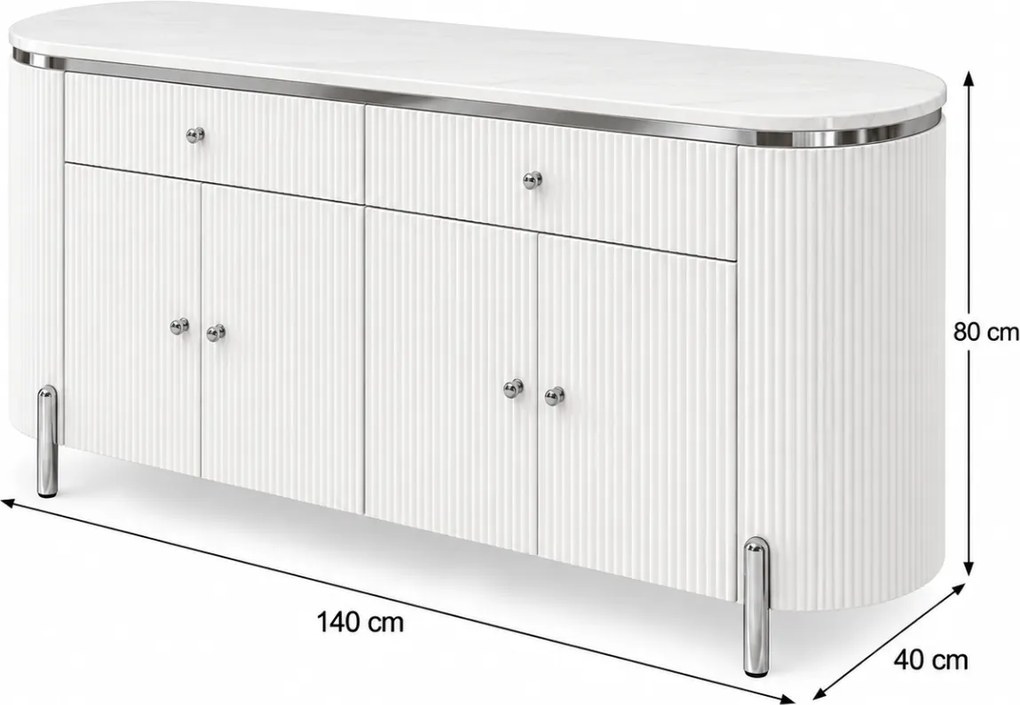 KOMODA GASTON II STRIEBORNÉ NOHY + BIELA + MRAMOR 140 cm