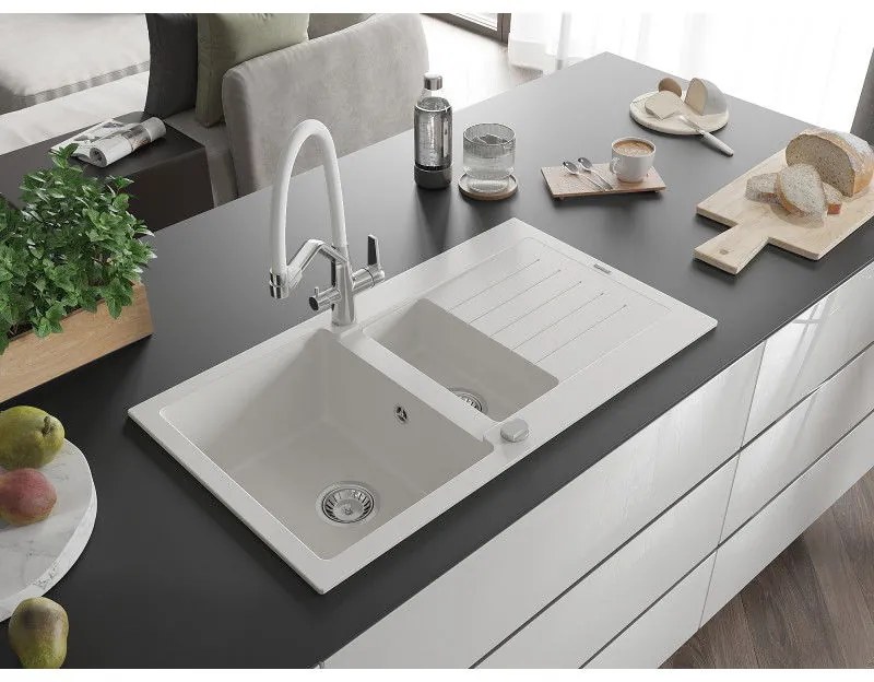 Mexen Matias, 1,5-komorový granitový drez 900x505x200 mm a drezová batéria Duo, biela, 6502-20-671701-02