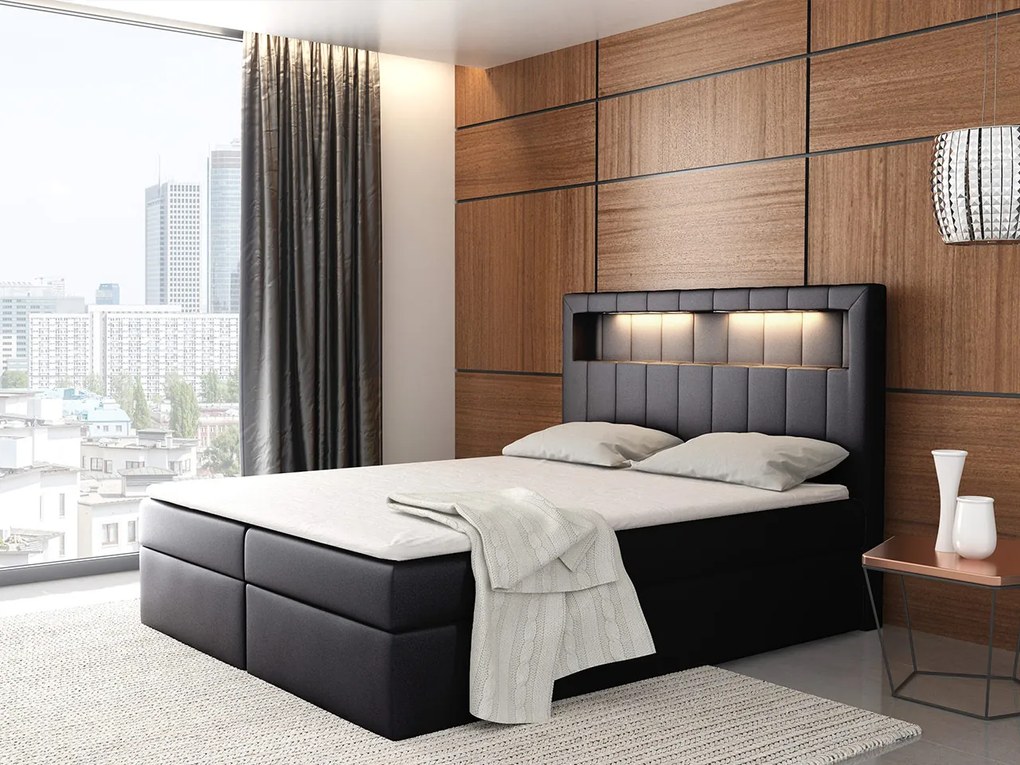 Kontinentálna posteľ Areto 200x200, čierna + LED